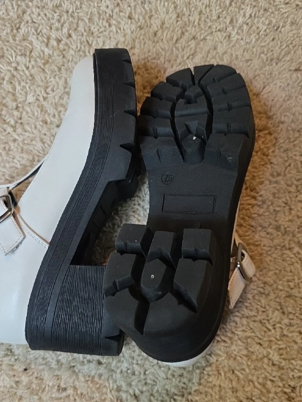 White T-Strap Platform Mary Jane Heels with Black Lug Sole Size 7.5